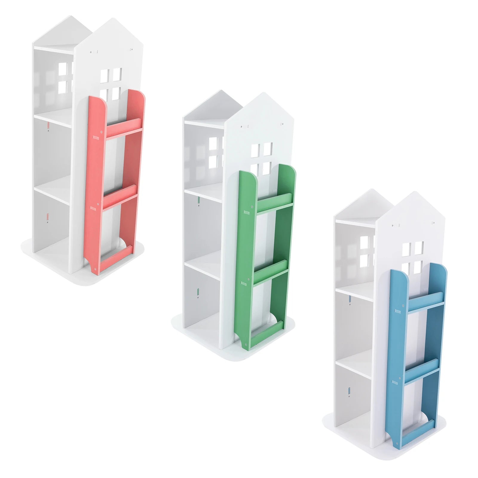 Rotating Kids Bookshelf with 4 Tiers Eco-Friendly PVC Material Castle Shape Design 360° Swivel Large Storage Space