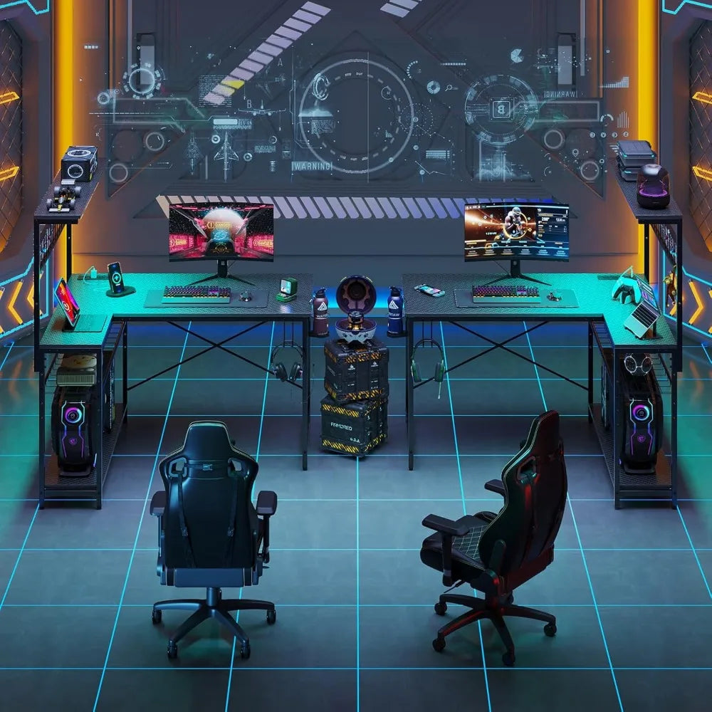 42 L Gaming Desk,Computer Desk with Power Outlets LED Lights Reversible Corner Desk with 4-Tier Shelves,Cup Holder & H