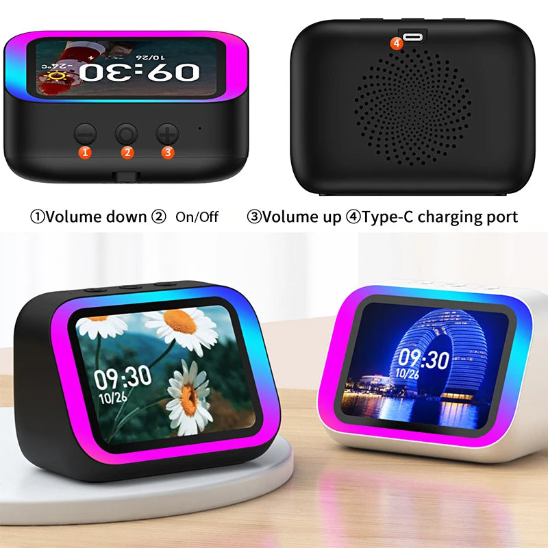 Smart Bluetooth Alarm Clock with Speaker Weather Display Night Light Music Stories Player Photo Frame Bluetooth APP