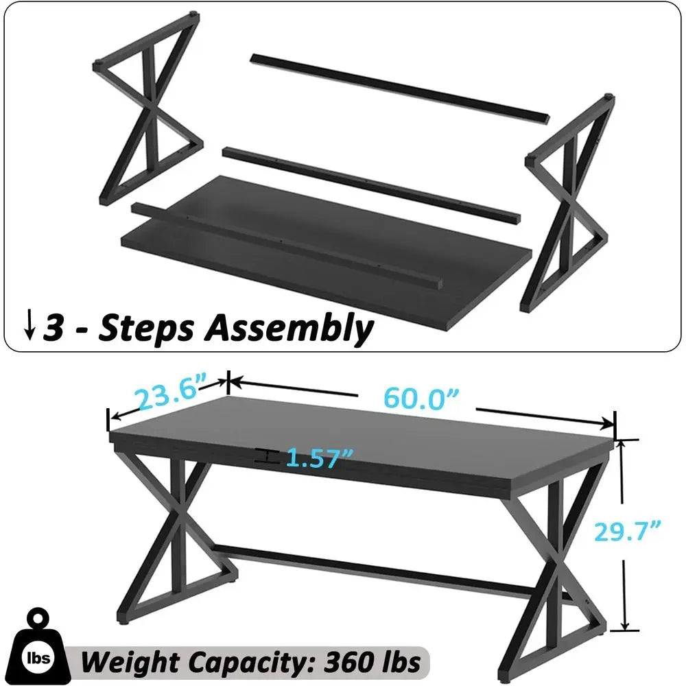 Contemporary Black Office Desk Spacious Writing and Study Desk Large Minimalist Wood and Metal Desk for Bedroom