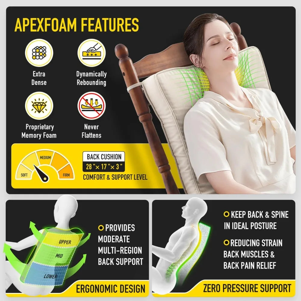 Memory Foam Jumbo Rocking Chair Cushions FadeShield Water Resistant Non Slip Durable Tufted Pads Set of Seat & Back