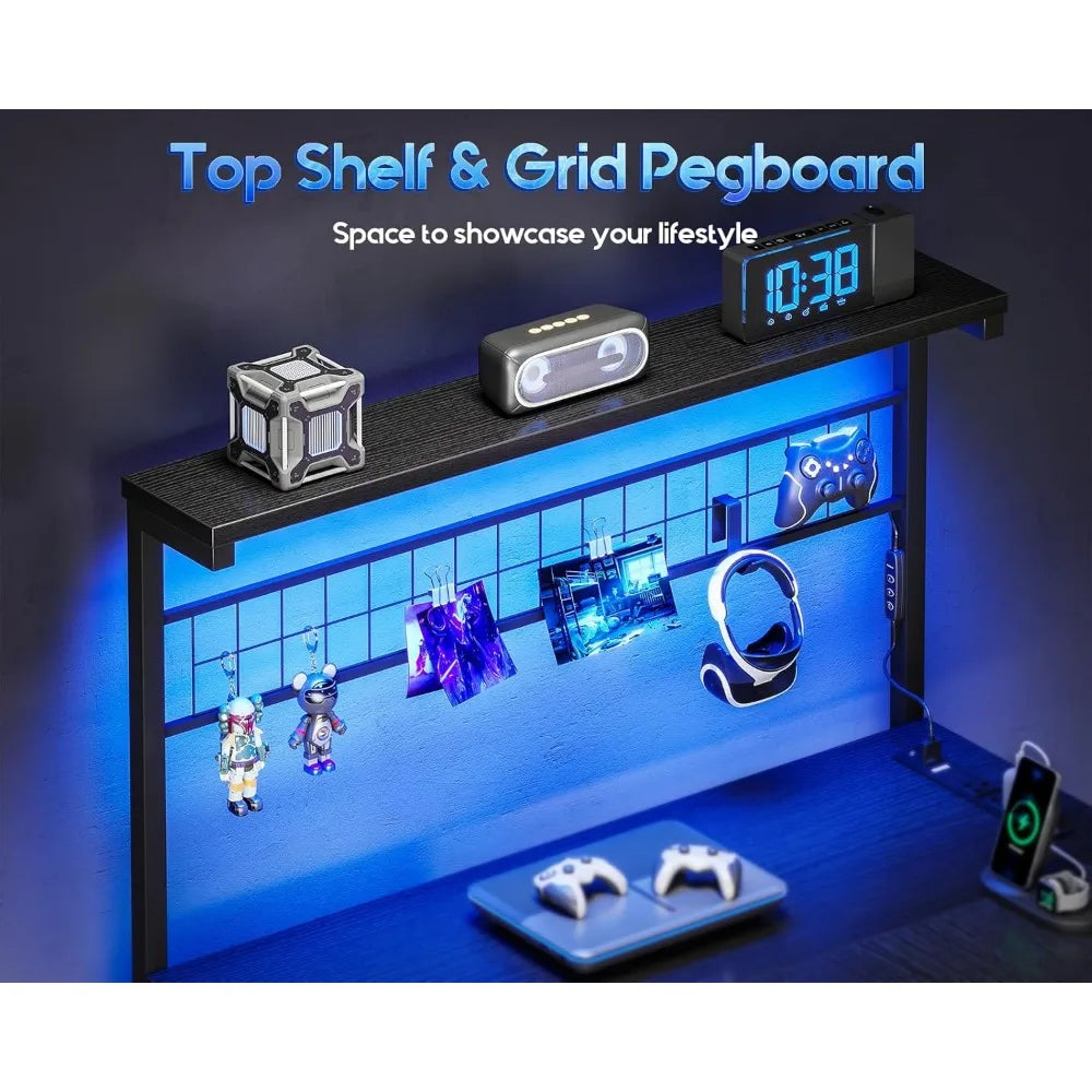 L Shaped Gaming Desk with Shelf & 4 Drawers 43 Reversible Computer Desk with LED Light Home Office Table with Hutch