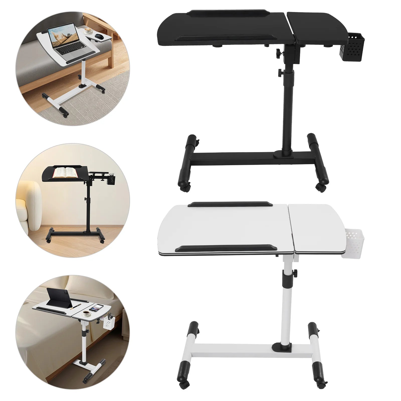 MDF Overbed Table,White/Black Rectangular Height Adjustable Over Bed Bedside Desk Floorstanding 68*40cm for Placing