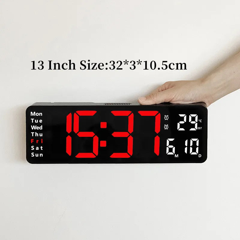 Large Digital Wall Clock Temp Date Week Display Remote Control Power Off Memory Table Clock Wall-mounted Dual Alarms