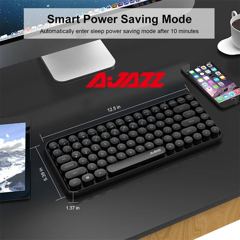 Ajazz 308I Wireless Bluetooth Keyboard 84 Keys Multi-Device Portable Keyboard Retro Typewriter Round Keycaps for IOS
