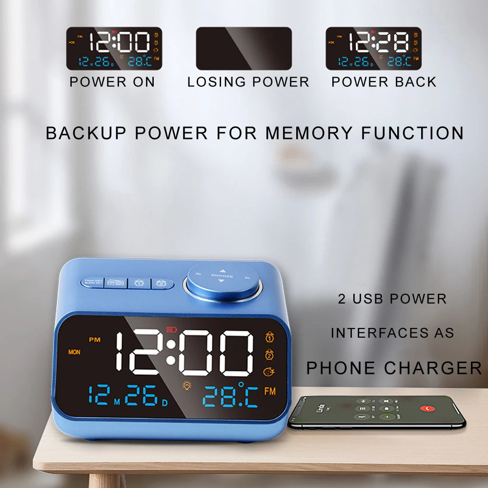 Mordern FM Radio LED Alarm Clock for Bedside Wake Up. Digital Table Calendar with Temperature Thermometer Humidity