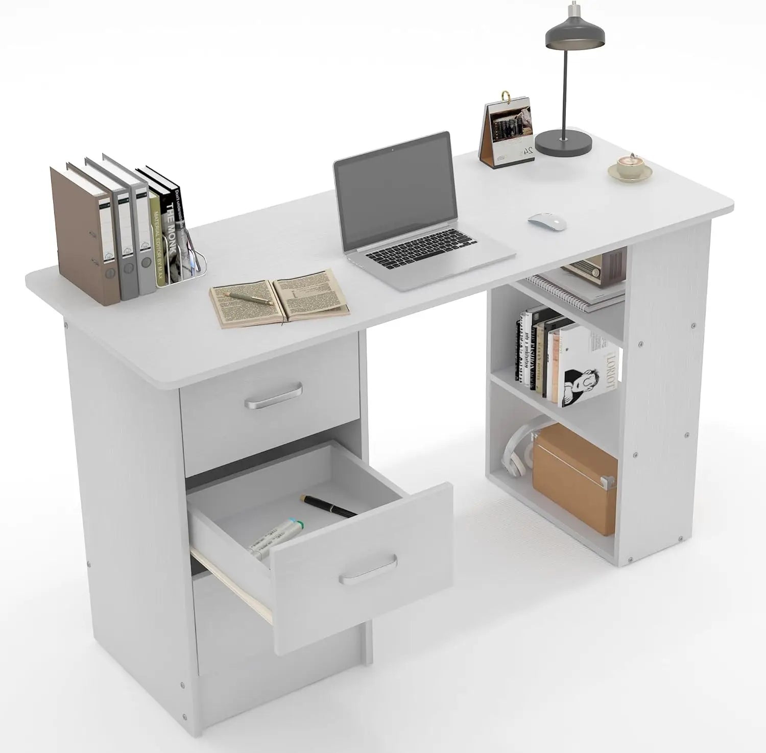 Computer Desk with Drawers,Standing Desk with Storage Racks,Writing Desk for Home Office or Bedroom (White) - White