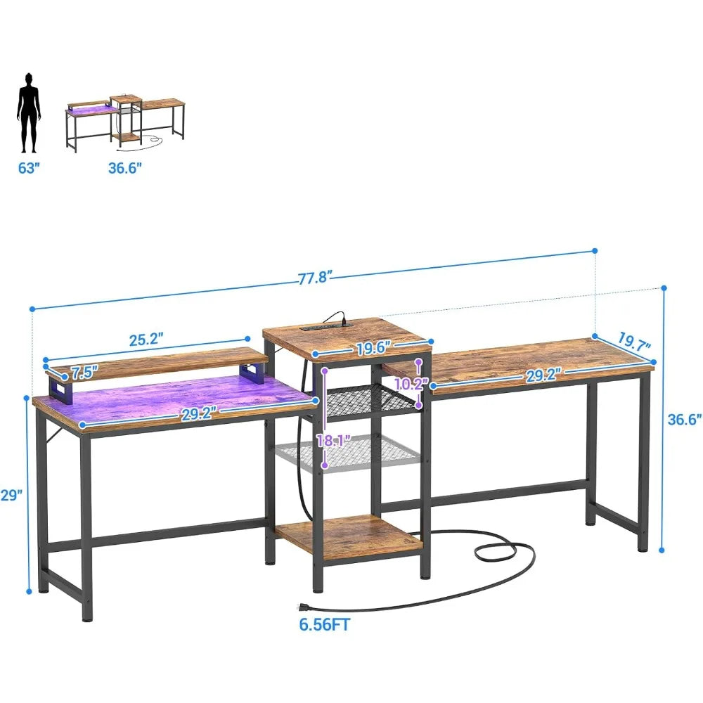 double computer desk with led strip and power outlet 2 person desk with monitor stand and storage ergonomic computer