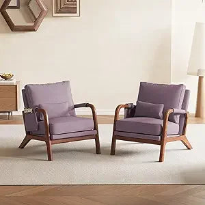 Mid Century Modern Accent Chair with Pillow & Pocket Upholstered Armchair with Solid Wood Frame & Soft Cushion