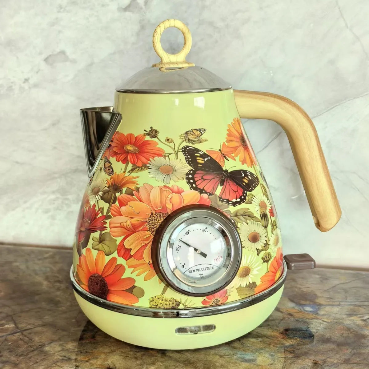 1.7L Retro Handmade Decals Electrc Kettle Boiling Water With Thermometer Automatic Power Off 304 stainless Steel Teapot