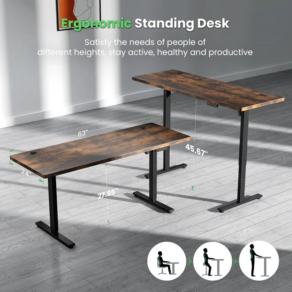 Electric Standing Desk Adjustable - 63 x 24 Inch Sit Stand up Desk with Cable Management - 3 Memory Preset Adjustable