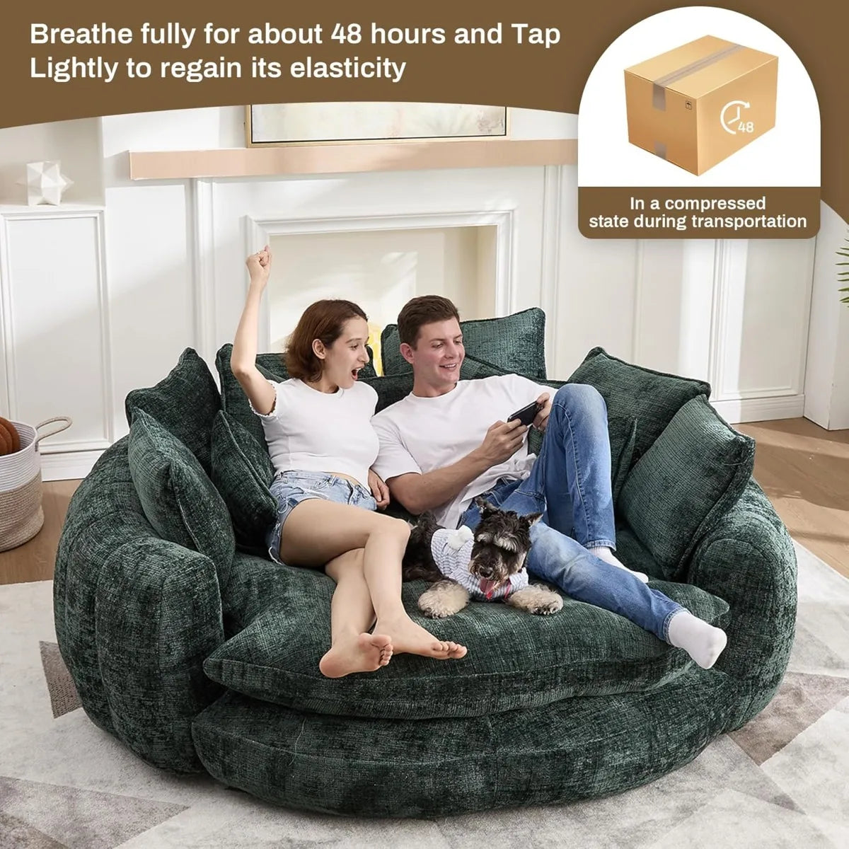 81’’ Round Chaise Lounge Fluffy Bean Bag Sofa with 14 Pillows Emerald Chenille - United States