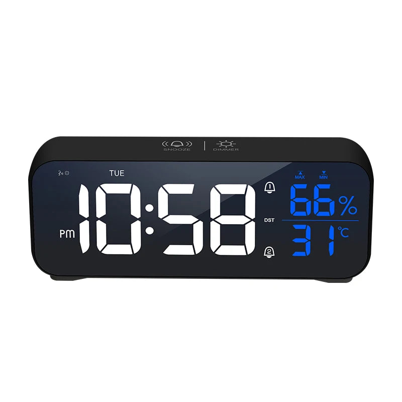 Digital Alarm Clock Table Electronic Clock with Temperature Humidity Weekday & Dual Alarms Ringtones Rechargeable