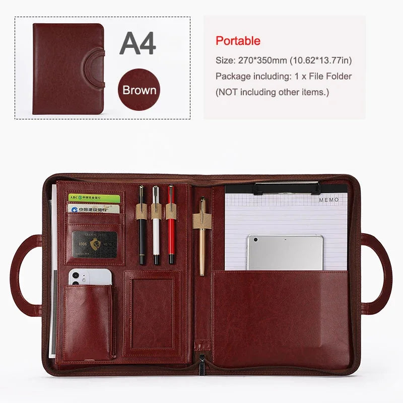 Portable Business Trip A4 Folder Organizer Leather Portfolio for Document File Tablet Holder Briefcase for Man Office