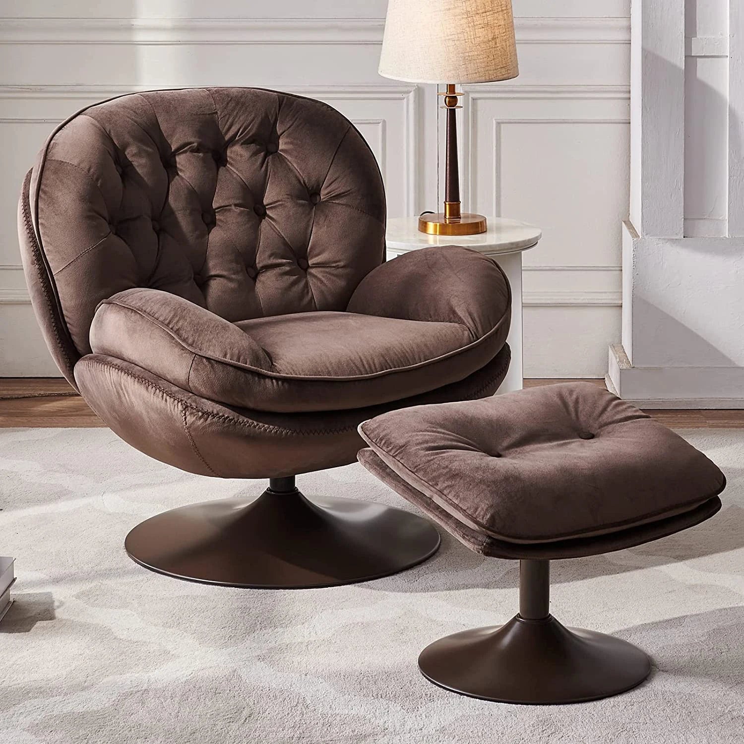 Velvet Swivel Armchair Set with Ottoman for Living Room - Modern Tufted Accent Chairs with 360° Swivel & Footrest