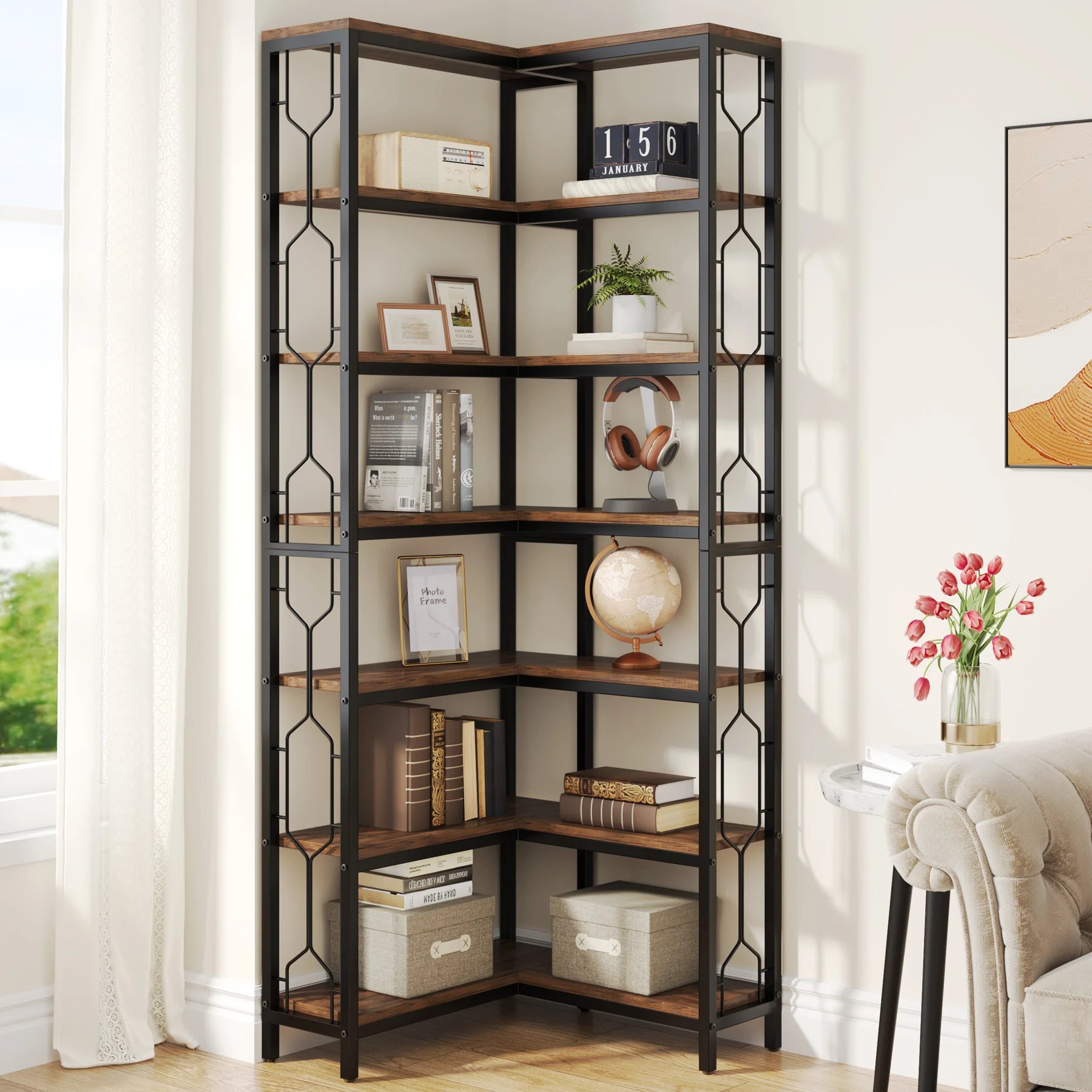 Tribesigns Corner Shelf 7-Tier Industrial Corner Bookshelf Wood and Metal Corner Etagere Bookcase Freestanding Display