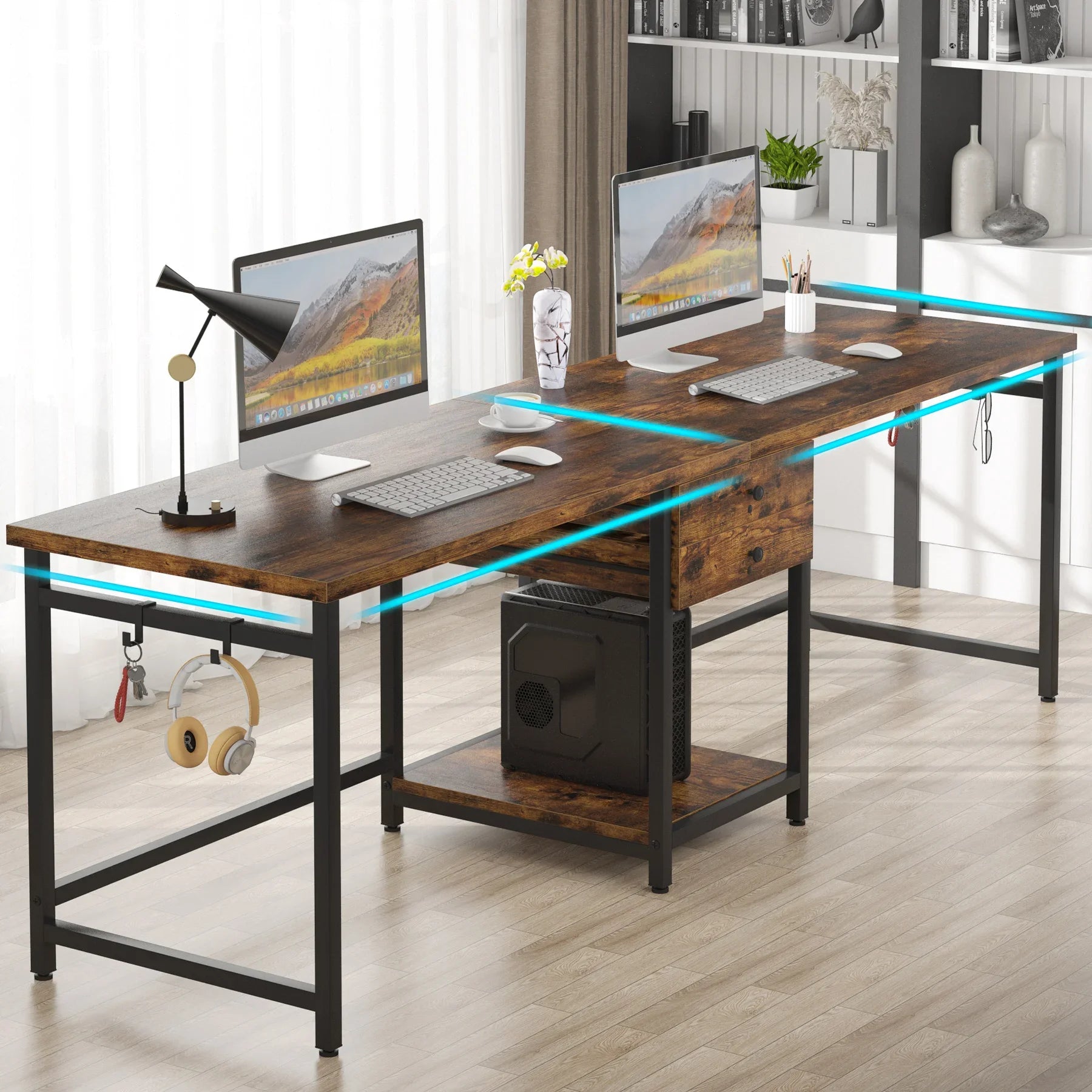 Tribesigns 78.74’’ Two Person Desk with 2 Drawers Long Double Computer Desk Gaming Table with Shelves