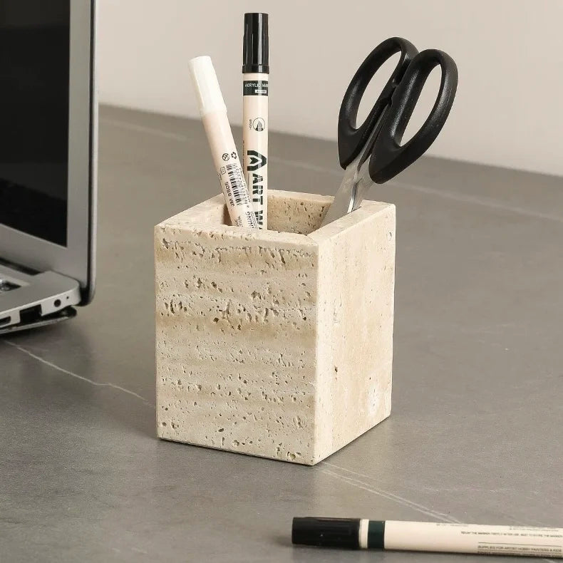 Natural Marble Pencil Pen Holder Desktop Organizer,Office Stationary Supplies Storage Stone Travertine Makeup Brush Box