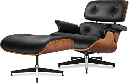 Top Black Grain Leather Mid Century Chaise Lounge Chair and Ottoman Modern Chair Classic Design Walnut Wood Heavy Duty
