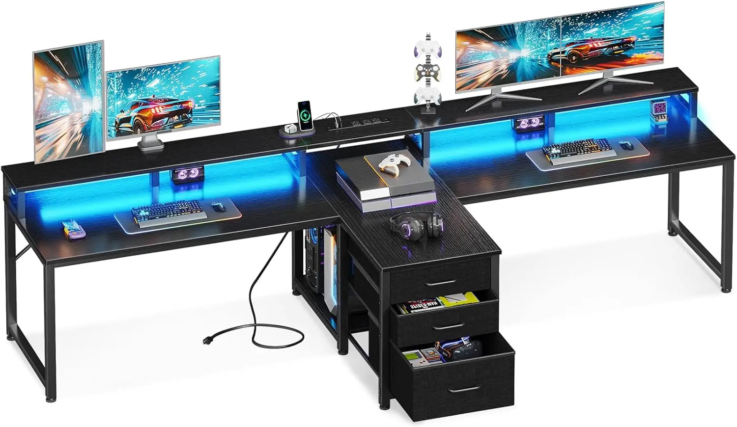 94’’ Computer Desk with Fabric Drawer & File Cabinet- 2 Person Home Office Desk with Power Outlet & LED Light - United