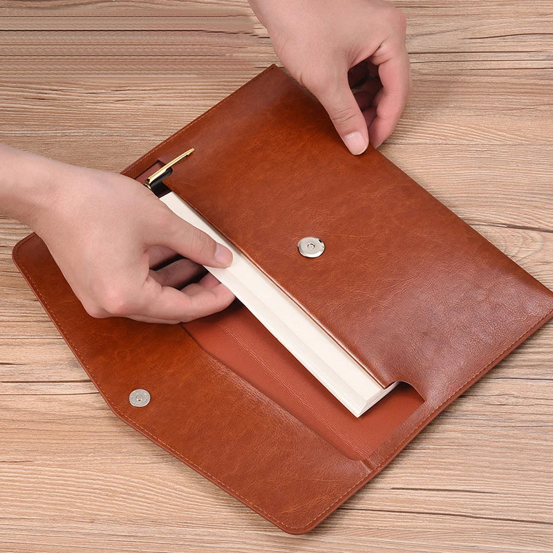 A5 Leather Document Storage Bag Folder Data Packet Man Woman PU Brown Business Bill File Bag School Office Supplies