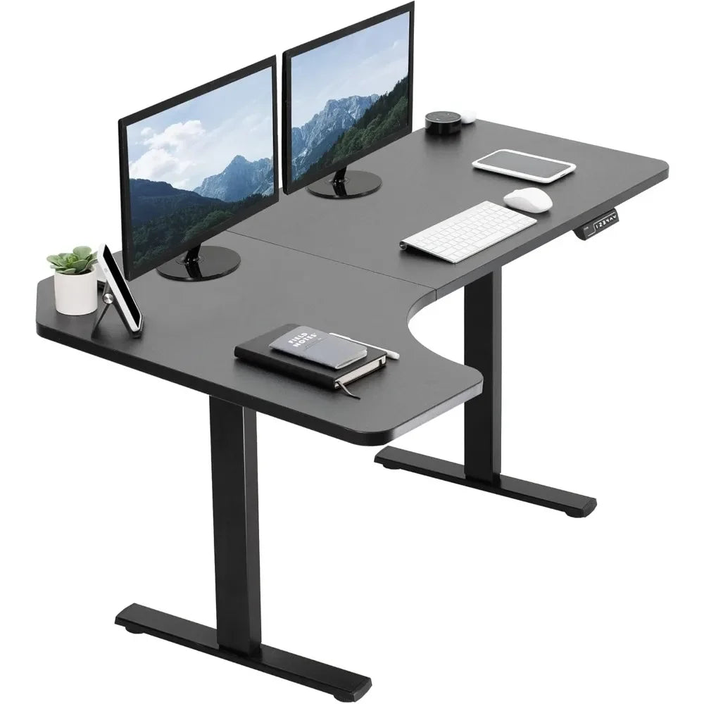 Electric Height Adjustable L Shaped 58 x 35 inch Corner Standing Desk Black Reversible Table Top Black Frame - United