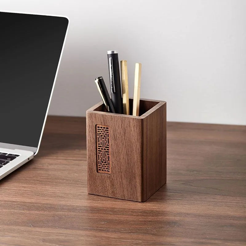 1pcs Solid Wood Multifunctional Pen Holder - Retro Desktop Organizer with Engraving Office Storage Box for Pencils