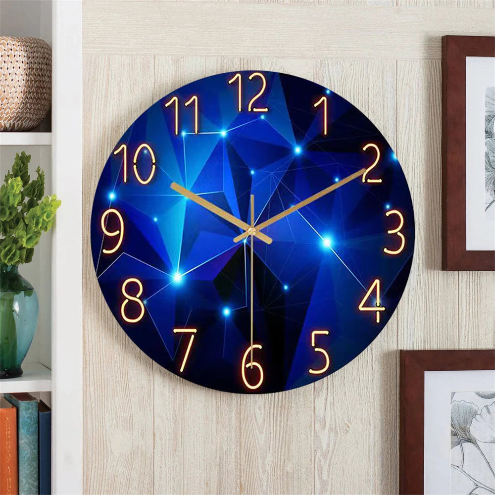 1pc 12inch Wall Clock Geometric Elements Dark Blue Thickened Tempered Glass Silent Movement Quartz Living Room Home