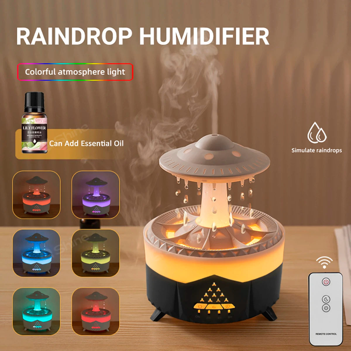 1PC Wall Plug Simulated Raindrop Air Humidifier with Ambient Lights Essential Oil Diffuser Aroma Diffuser for Office