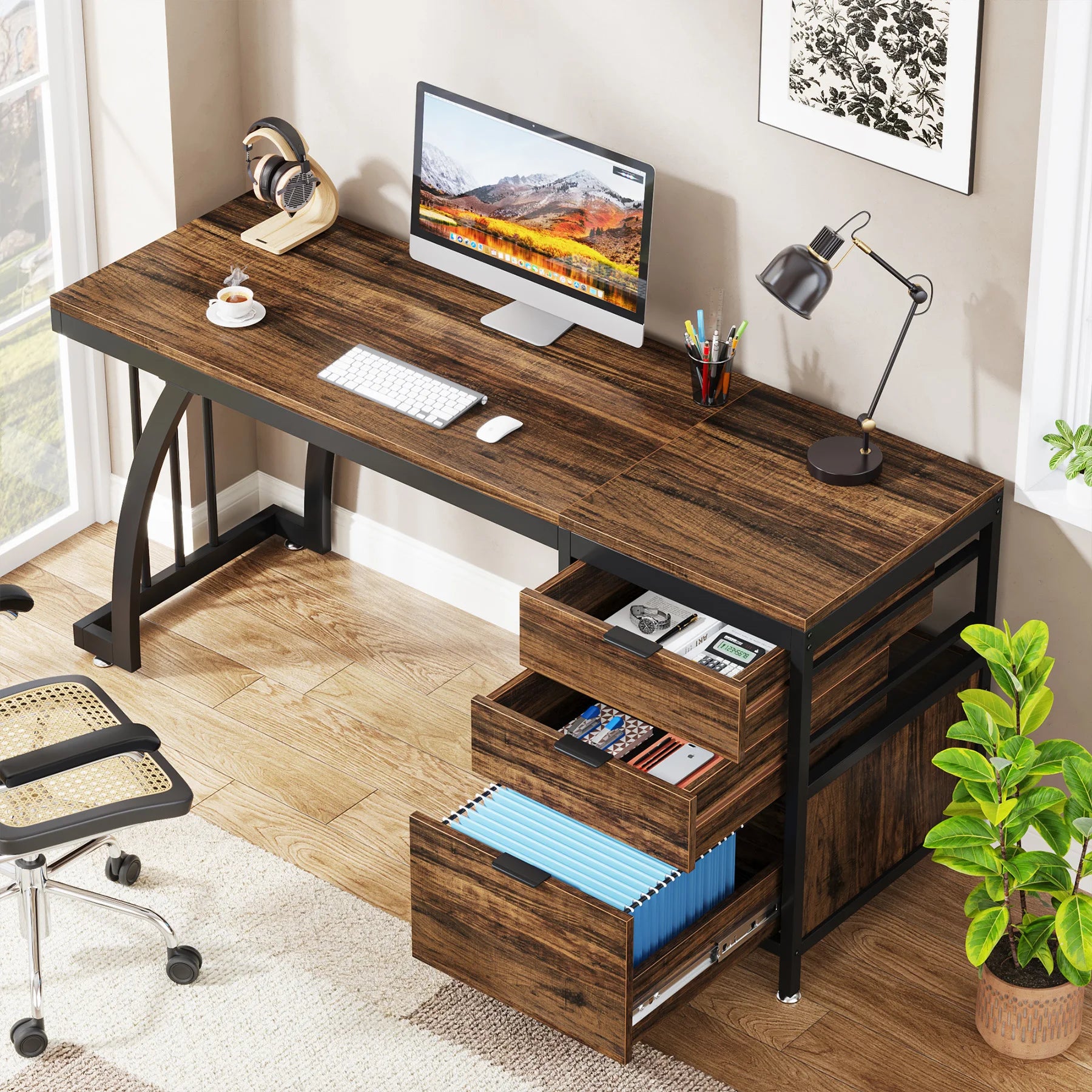 Tribesigns Computer Desk with 3 Drawers 59-Inch PC Desk with Reversible Drawers Industrial Study Writing Table