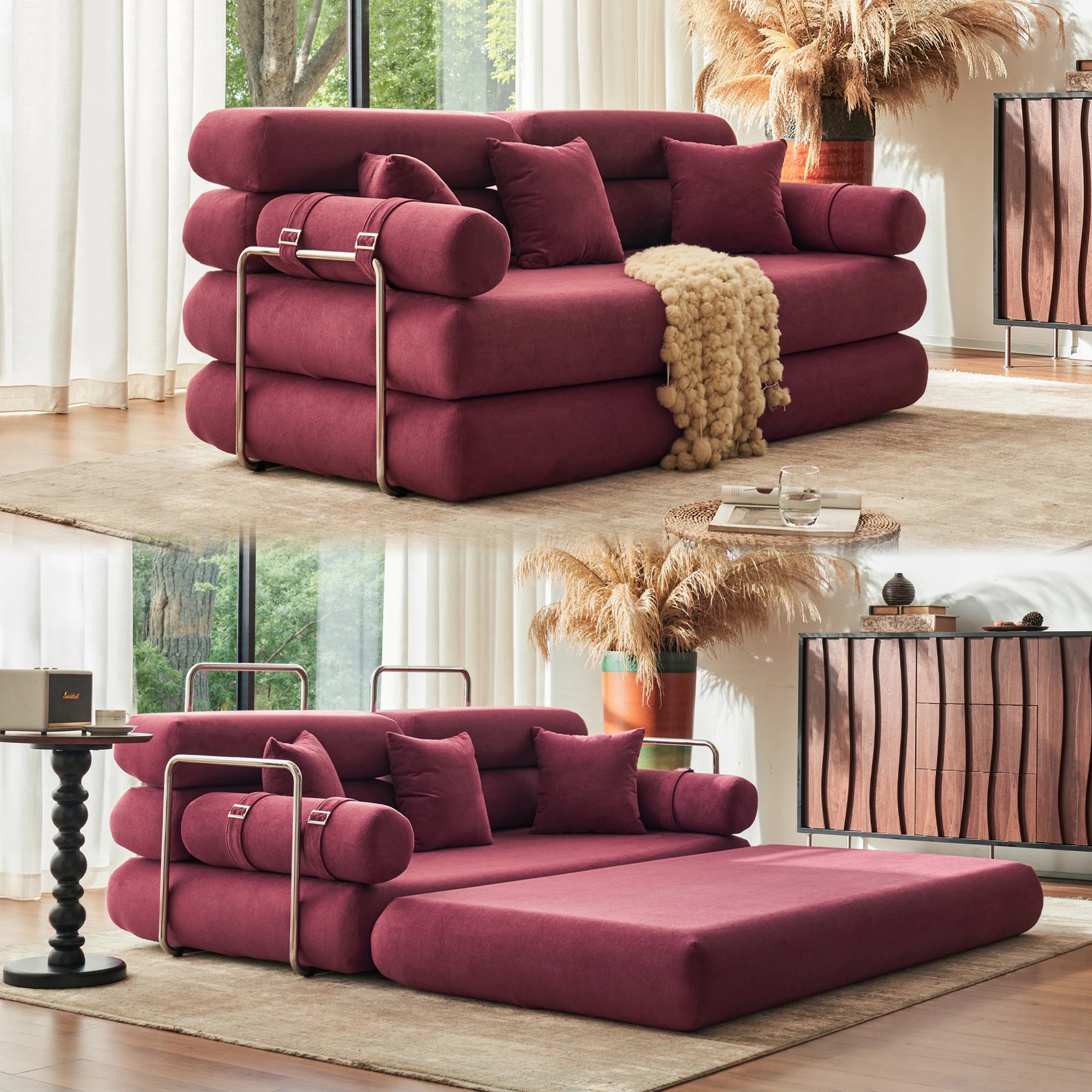 Convertible Sleeper Sofa - 35’’ High-Back Floor Couch Bed - Folding Sofa Bed with Rounded Arm Supports - Floor Sofa