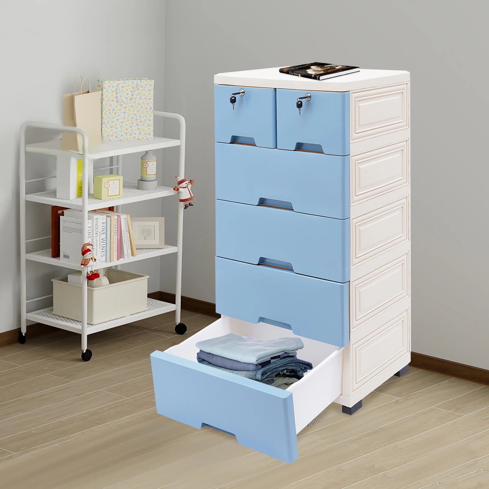 Drawer Cabinet Blue with 4 Wheels and 4 Keys PP Material Modern Simple Rectangle Storage Cabinet Organizer for Bedroom