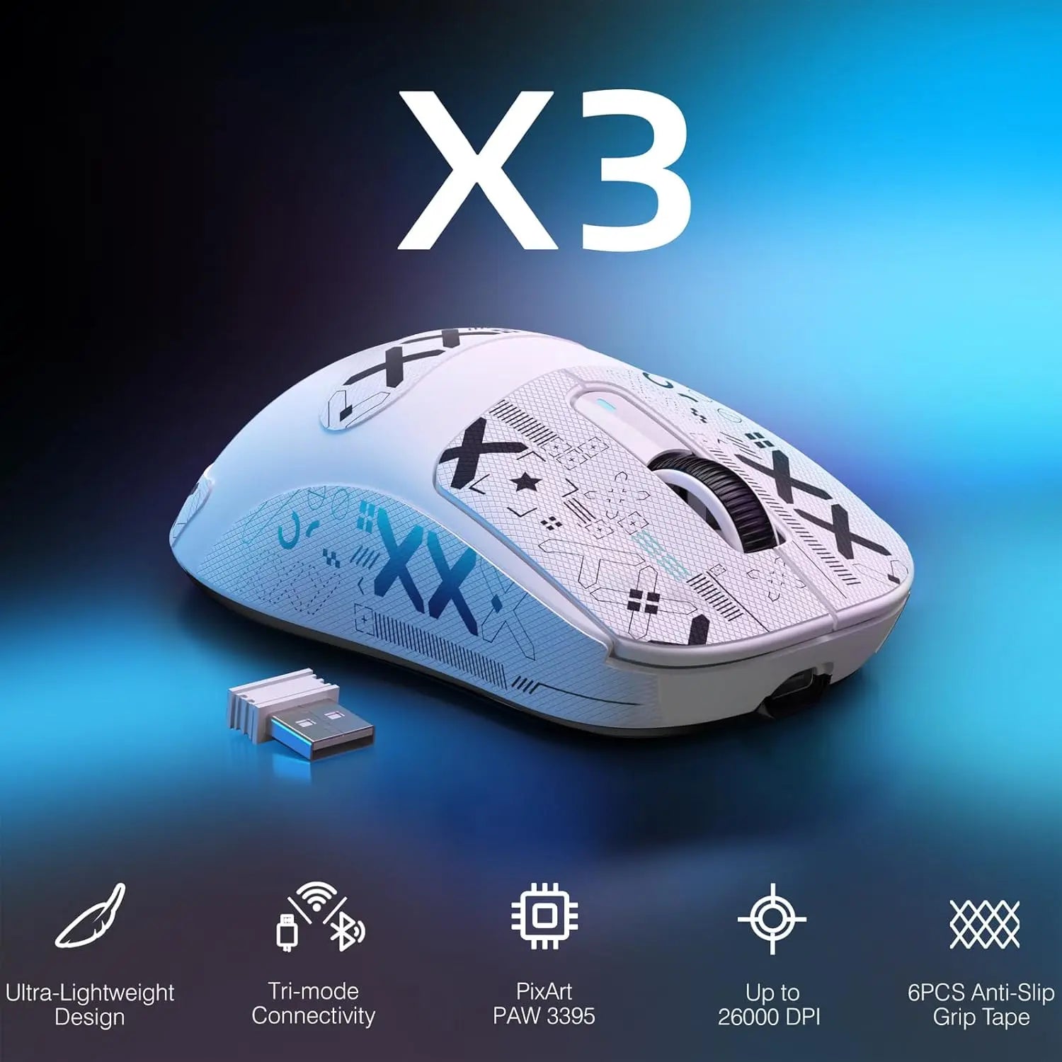 ATTACK SHARK X3 Lightweight Wireless Gaming Mouse 49g Tri-Mode,PAW3395 26K DPI Sensor 200h Battery Life,5 Programmable
