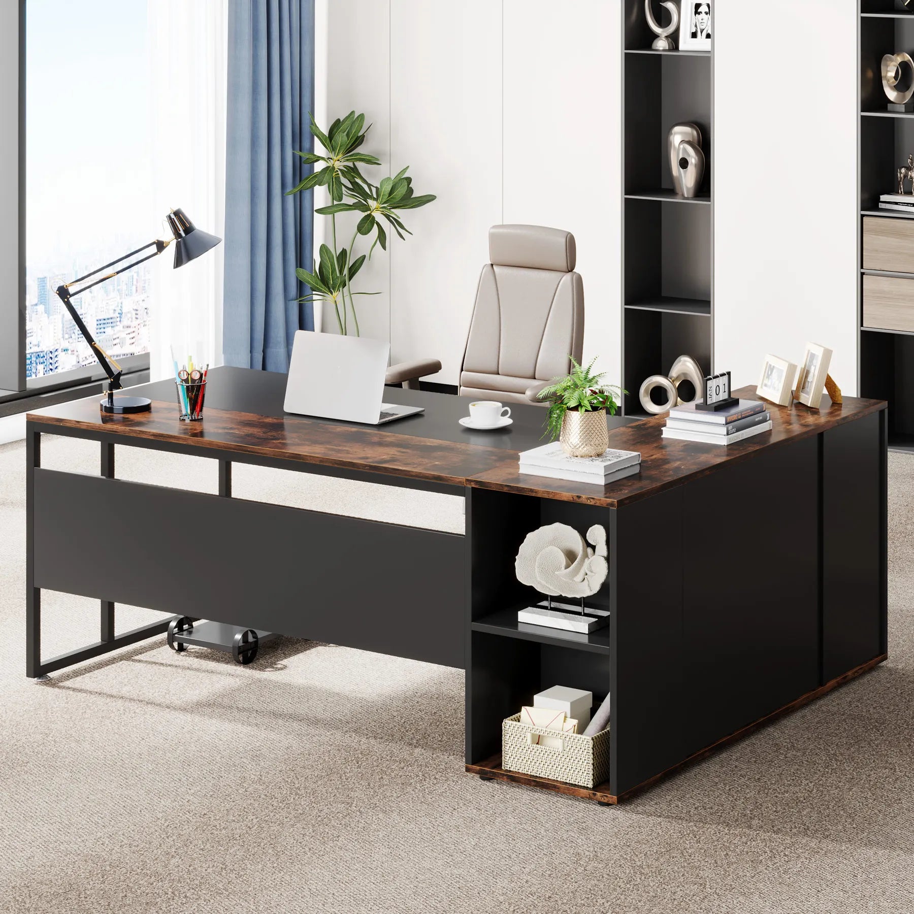 Tribesigns 71 inch Executive Desk L Shaped Desk with Cabinet Storage Executive Office Desk with Shelves