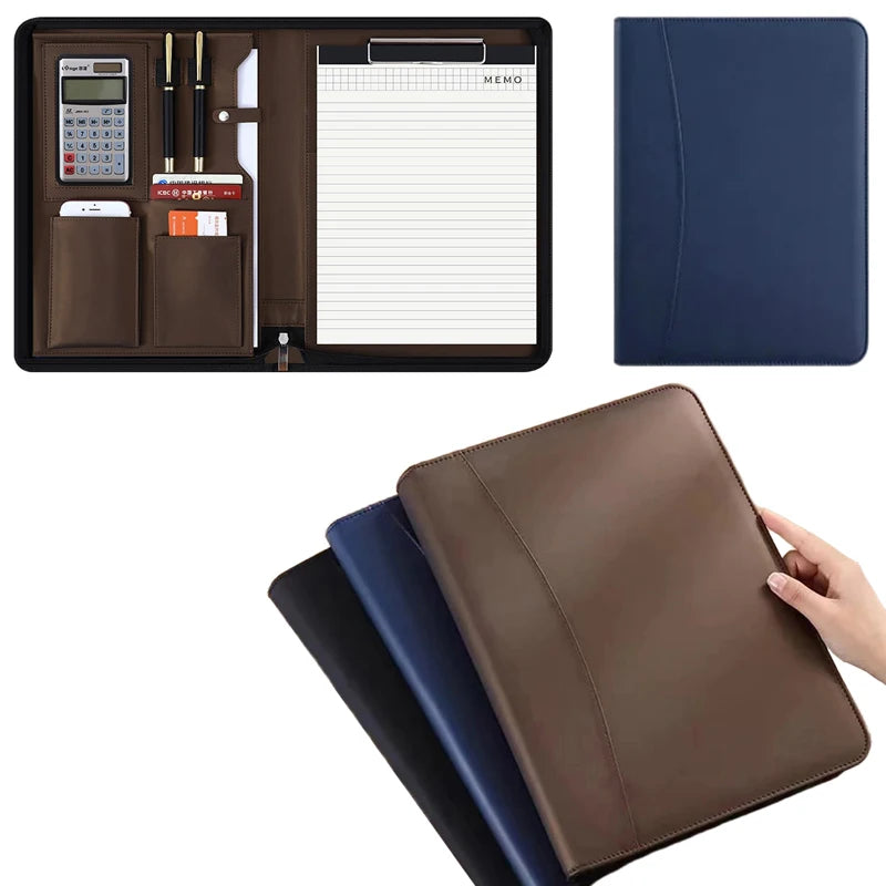 University A4 Leather Executive Portfolio Folder for Document Holder Organizer Business Briefcase Man Zipper Calculator