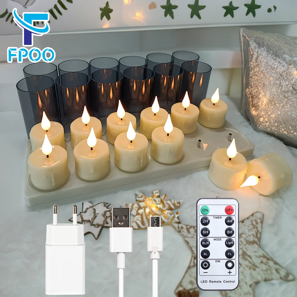 FPOO Rechargeable Candles Flameless Tea Light With Remote Control Timer LED Lighting Lamp For Home Decor Holiday
