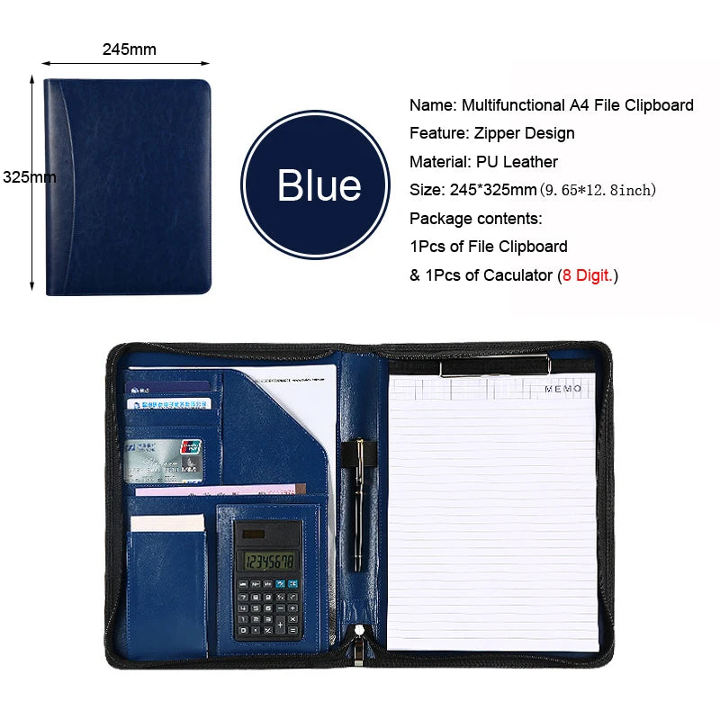 Multifunctional A4 Leather Conference Portfolio Folder for Document Organizer Zippered Man Executive Folder Briefcase