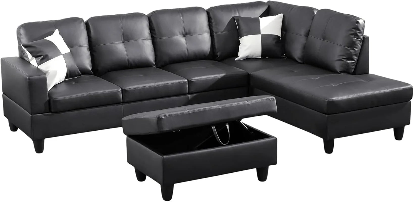 Faux Leather L-Shaped Couch 3-Piece Sectional Sofa with Storage Ottoman - United States