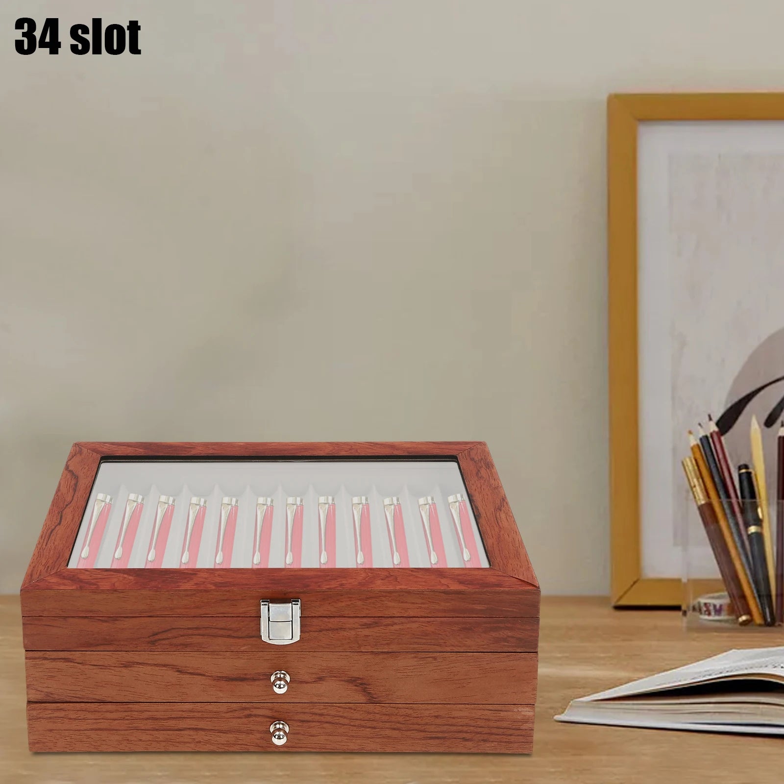 34 Slots Wood Fountain Pen Display Case & Transparent Top Lid Rosewood Box Holder Storage Organizer for Christmas Gift