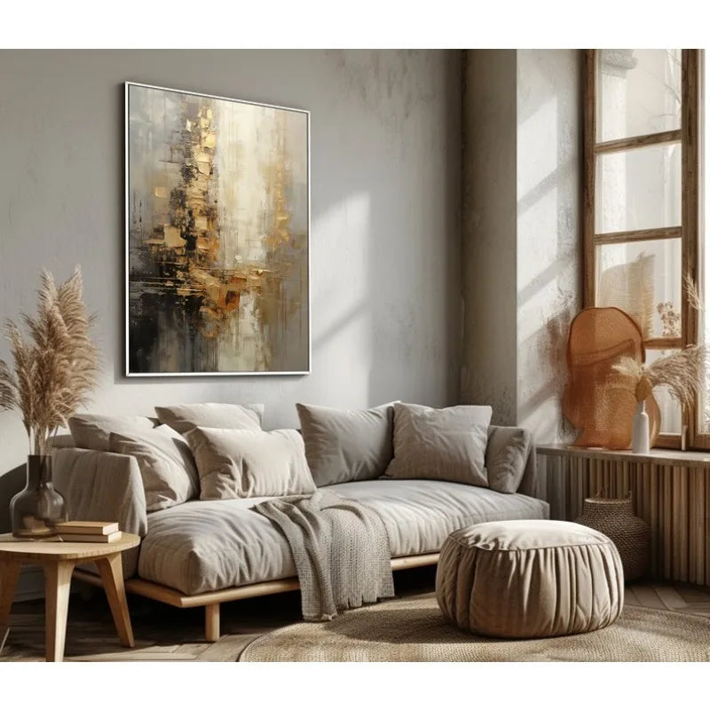 100% Hand Painted，Gold Grey Beige Black,Textured Painting Acrylic Abstract Oil Painting Wall Decor Living Room Office