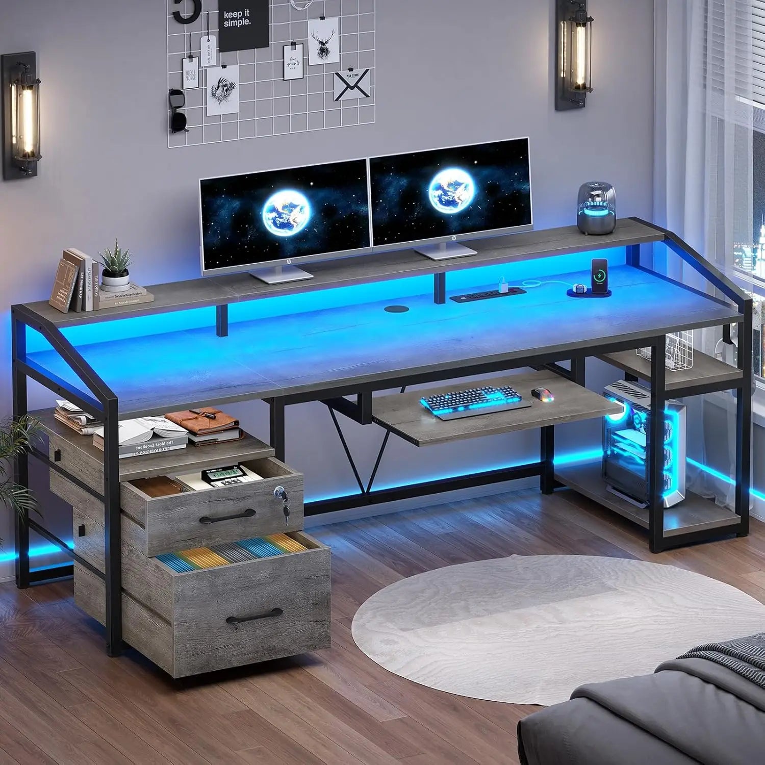 63’’ Computer Desk Office Desk with Lock Drawers for Legal/Letter File Gaming Desk with LED Light & Power Outlet Home