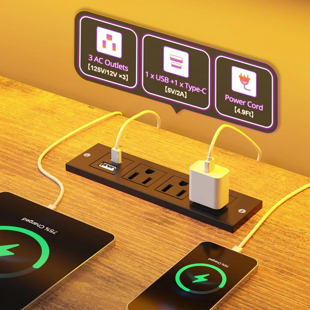 L Shaped Gaming Desk with LED Lights & Power Outlet 48Inch Corner Computer Desk with Drawers Reversible Office Desk