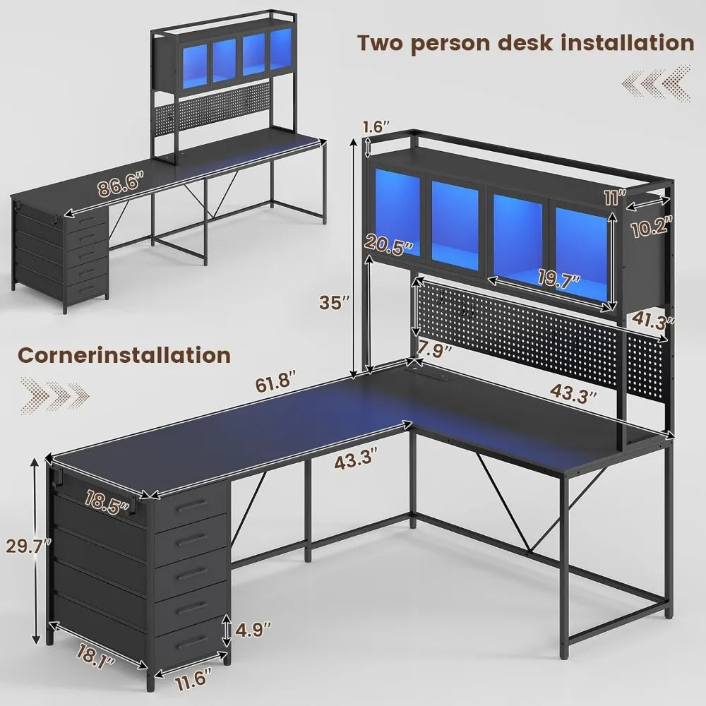 L Shaped Gaming Desk with Drawers L Shaped Computer Desk with Hutch and Storage Shelves Gaming Desk with Pegboard Led