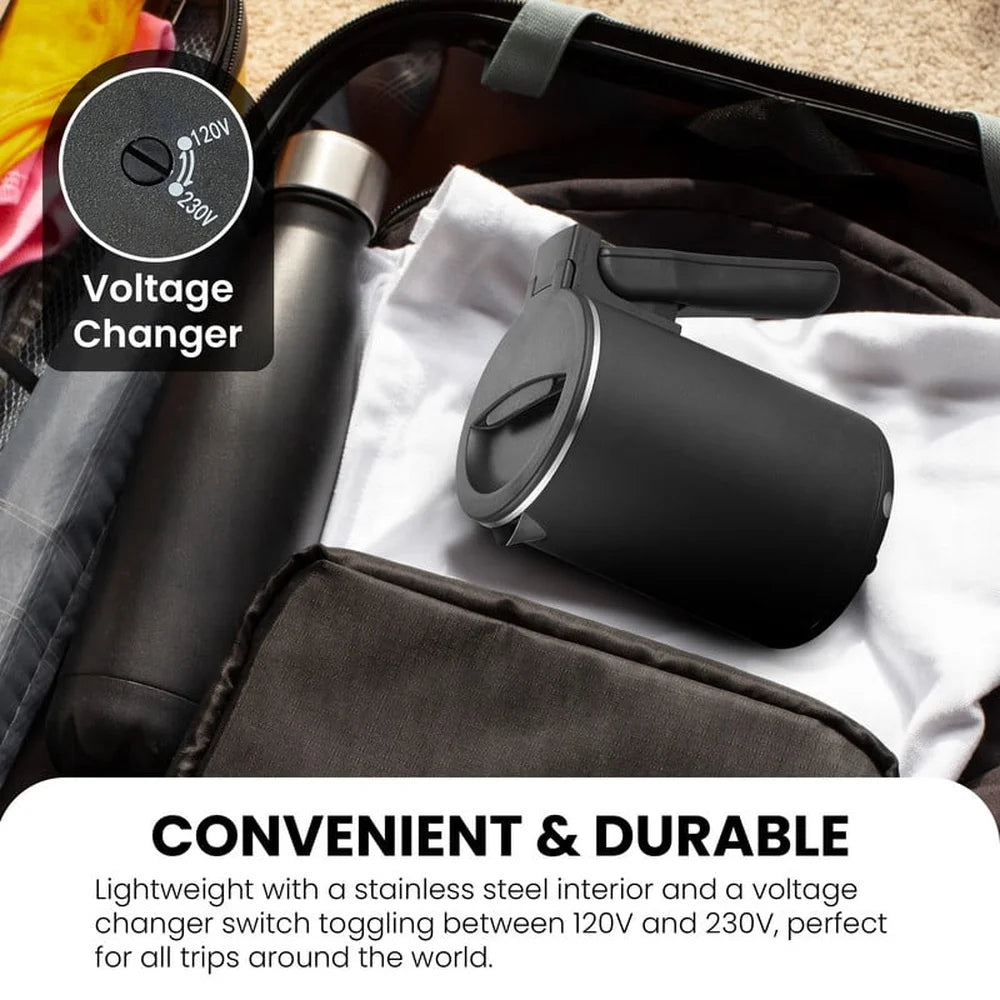 Dual Voltage Electric Kettle 0.65Qt Cool Touch Travel Kettle Auto Shut Off Stainless Steel Compact Design Efficient