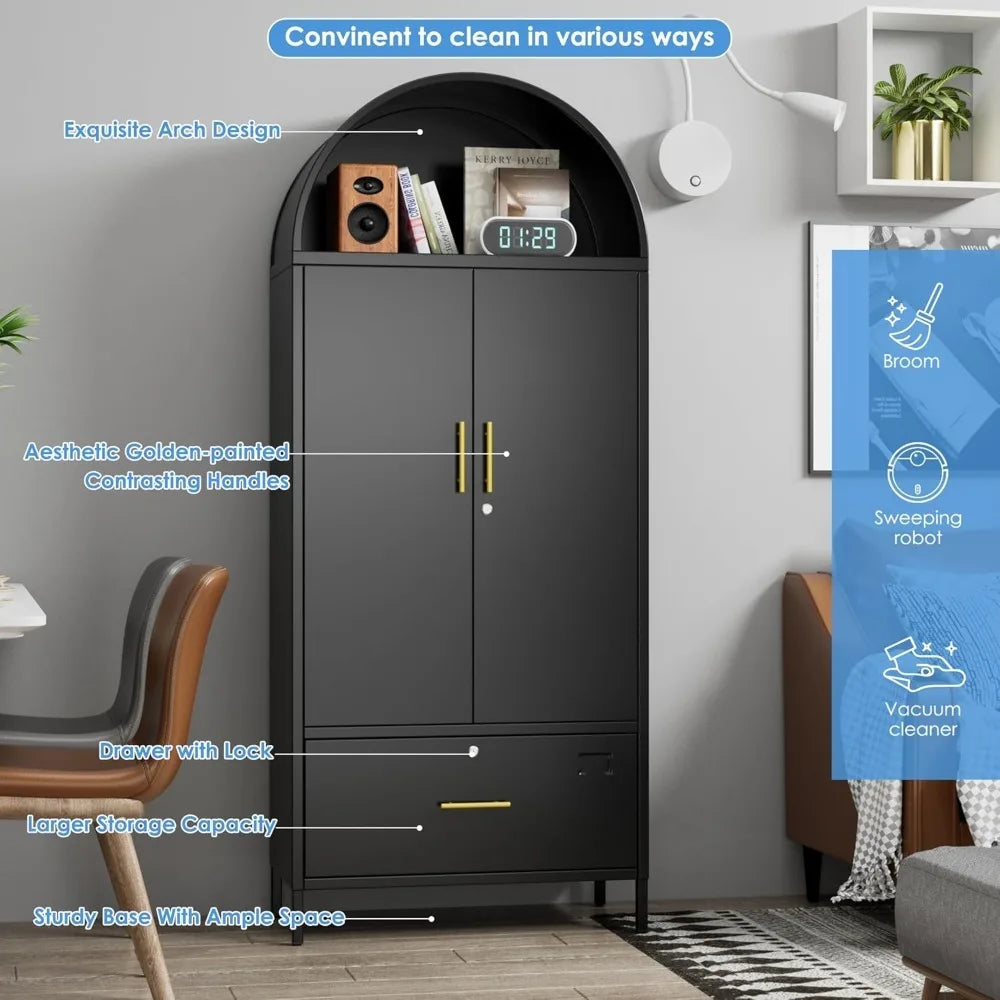 Lateral File Cabinet 73’’ Black Filing Storage Cabinet with 1 Lockable Drawer Metal Arched Cabinets with Doors Arched