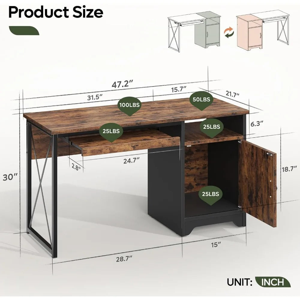 Office Desk with Keyboard Tray 47 inch Industrial Computer Desk with Storage Reversible Executive Desk with File Cabin