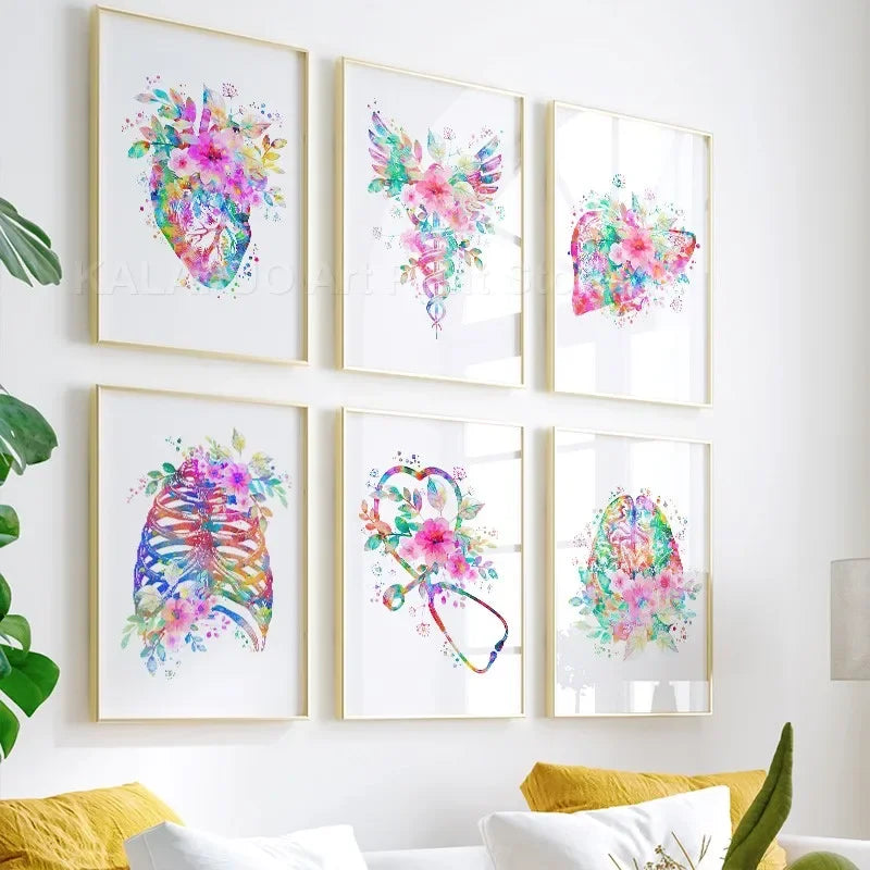 Heart Brain Lungs Kidney Rib Cage Liver Medical Floral Anatomy Poster Wall Art Canvas Print Painting Doctor Office