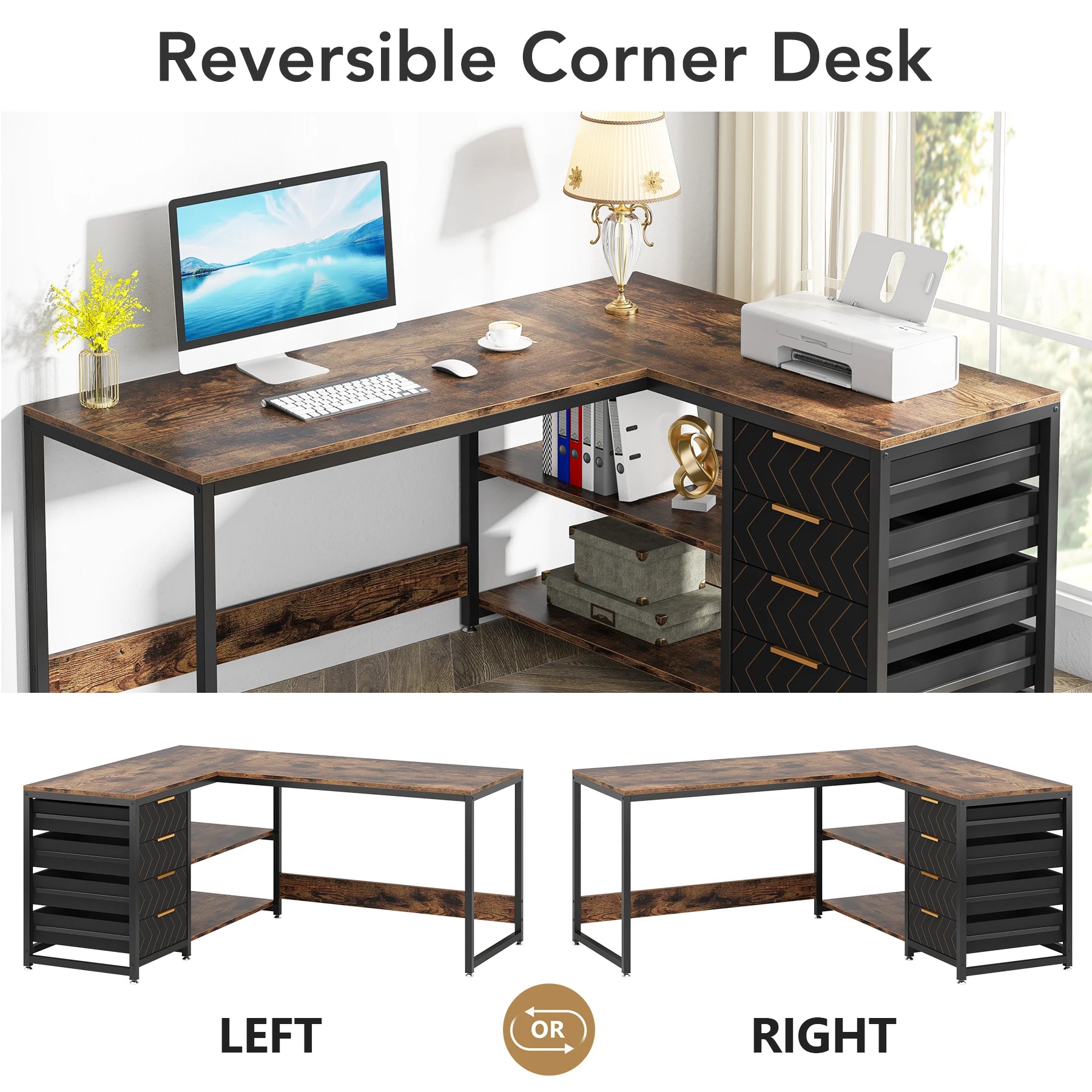 Tribesigns L Shaped Computer Desk with Storage Drawers 59 inch Corner Desk with Shelves Reversible L-Shaped Office Desk