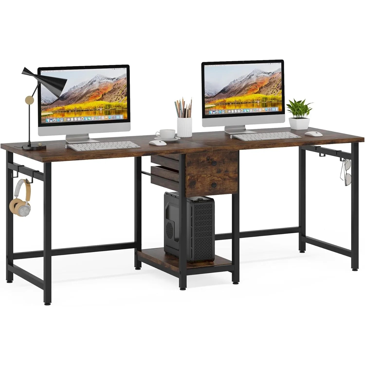 LITTLE TREE 79’’ Double Desk Two Person Desk with Storage Drawer Long Desk Home Office Desks for 2 Person Rustic Brown