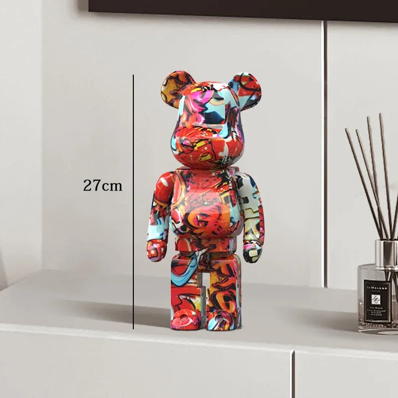 27cm Graffiti Bear Statue Paint Block Bear Decor Resin Desktop Ornaments Home Decoration Living Room Bear Floor